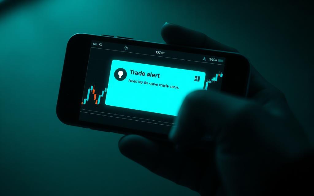 Live KC Capital trade signal alert on a phone over a candlestick chart